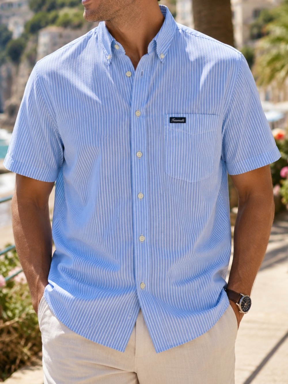 Faconnable Light Blue and White Striped short sleeve Dress Shirt Men’s L